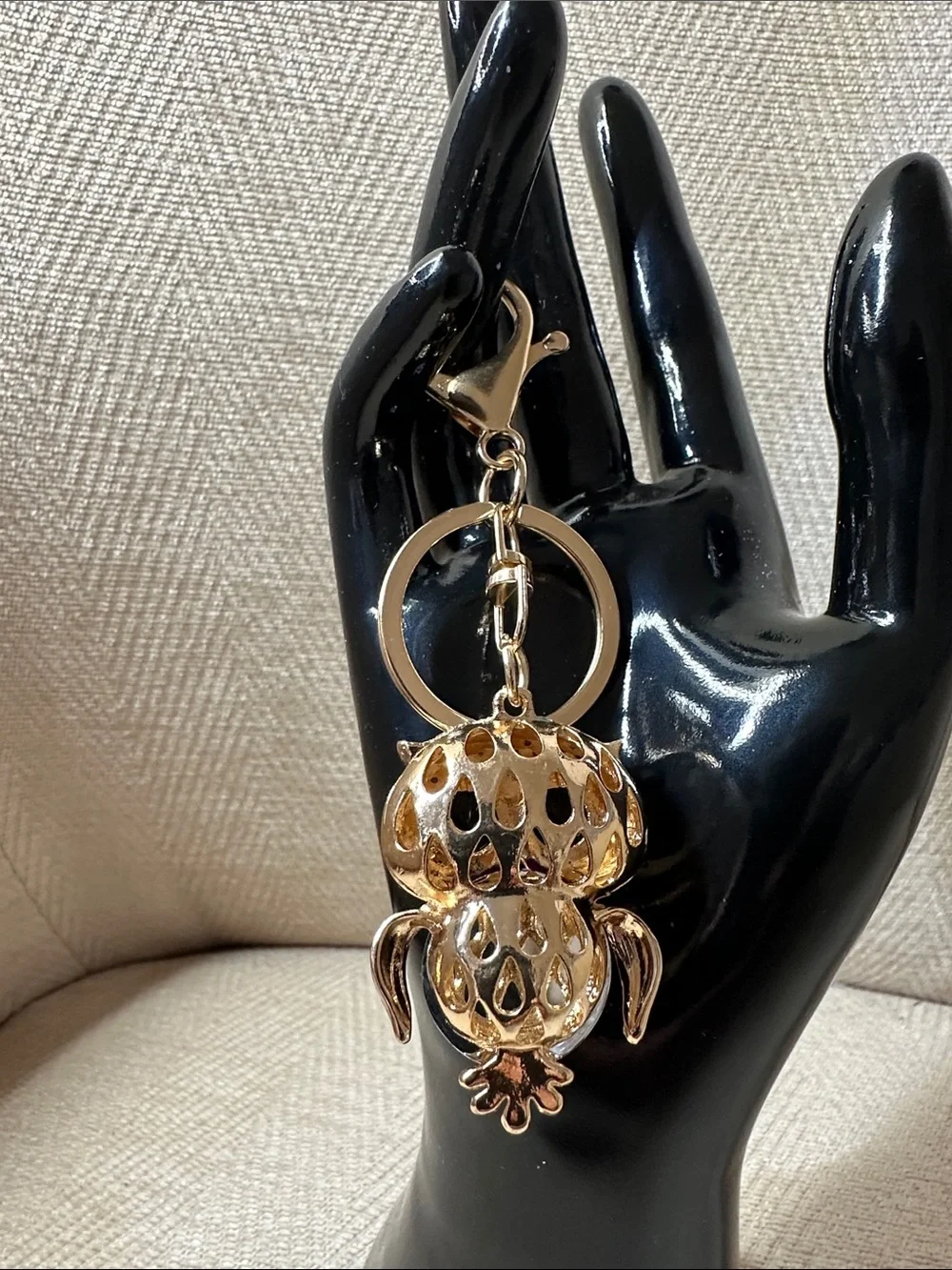 Gold-Tone Owl Keychain with Purple Crystal Accent